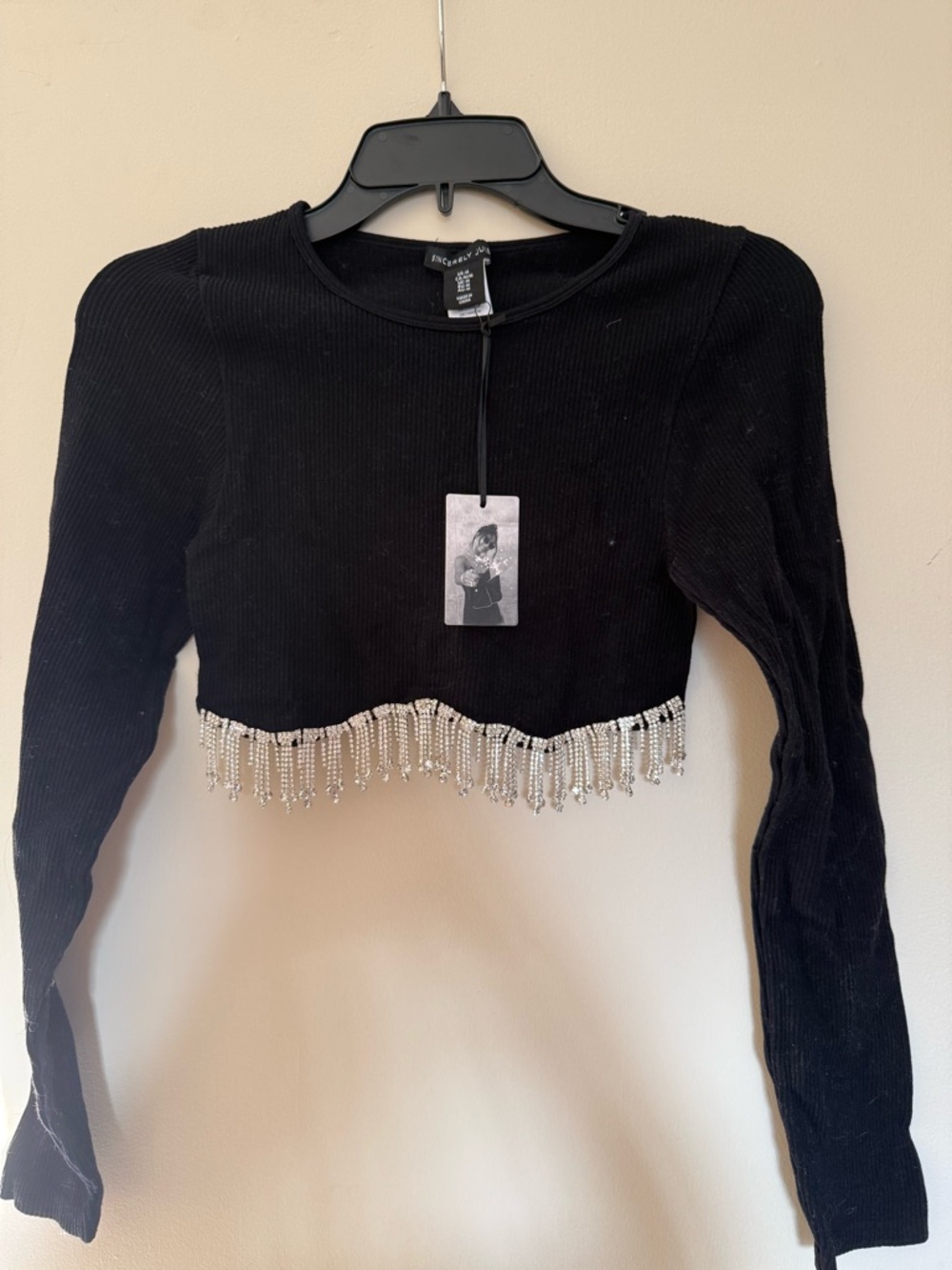 Sincerely Jules Black Cropped Long-Sleeve Top with Rhinestone Fringe